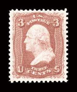 65, 3c Rose, a magnificent quality mint single, being not only in a true post office fresh state, but it also possesses exceptional physical attributes, including near perfect
centering amid lavishly large margins, prooflike color and impressi