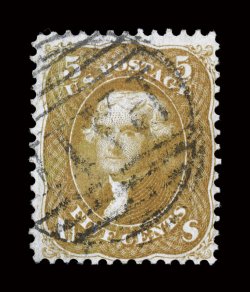 67b, 5c Olive yellow, a lovely used example of this rare and distinctive shade variety, possessing far more intense and true Olive yellow color than typically seen, as most
are found in a much more pale shade, unusually well centered, light stri