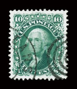 68, 10c Yellow green, an amazing jumbo-margined used example, being in a most extraordinary condition, flawlessly centered amid enormously large margins all around, deep
luxuriant color and a well incised impression on brilliantly fresh paper, w