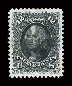 69, 12c Black, well centered within extraordinarily large margins, crisp impression, light black quartered cork cancel, extremely fine and choice 2007 PSE certificate
(XF-Superb 95 SMQ $1,000.00).