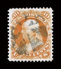 71, 30c Orange, the spectacular quality used example offered here certainly must be regarded as one of the finest, if not the finest, used examples of the Thirty Cent 1861
issue in existence, as this stamp features multiple extraordinary phy