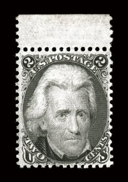 73, 2c Black, a brilliant post office fresh top sheet-margin mint single, possessing an overall crispness seldom encountered, deep rich color and a sharp impression, nicely
centered, pristine o.g., never hinged, very fine rarely seen in t