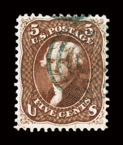 75, 5c Red brown, a lovely used example of this scarce and difficult stamp, featuring outstanding centering within large margins, sumptuously rich color and sharp impression
on fresh bright paper, nice blue target postmark with a trace of red ca