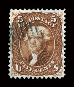 75, 5c Red brown, exceptionally well centered for this difficult stamp, lovely rich color and a detailed impression, light grid cancel, extremely fine 2005 PSE certificate
(VF-XF 85 SMQ $810.00).