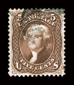 76, 5c Brown, used, extraordinarily well centered and margined for this challenging value, strong rich color and a highly detailed impression, light grid cancel, extremely
fine and choice 2002 PF certificate.