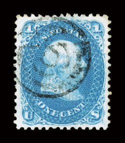 86, 1c Blue, E grill, uncommonly well centered within large margins, gorgeous rich color and an especially intense impression, light target cancel, extremely fine 1977, 1999
and 2006 PF certificates, plus a 2006 PSE certificate (VF-XF 85 SMQ