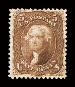 95, 5c Brown, F grill, rare mint single, much better centering than typically encountered, strong rich color and a highly detailed impression, full o.g. with the barest
suggestion of a hinge (if any), very fine 1971, 1990 (never hinged by omi