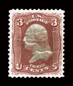 104, 3c Brown red re-issue, an incredibly rare used example, uncharacteristically well centered and margined, deep intense color and a razor-sharp impression, light horizontal
crease, very fine appearance only about sixteen used copies of 10