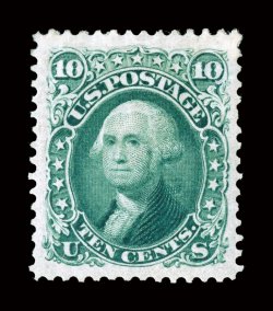 106, 10c Green re-issue, a highly desirable mint example of this re-issue rarity, featuring extravagantly large margins all around and being exceedingly well centered within
them, strong color and impression, o.g., extremely fine few of the 4