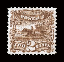 113, 2c Brown, an exceedingly choice mint example of this especially challenging value, beautifully centered and margined, rich luxuriant color and a well incised impression,
full o.g., lightly hinged, extremely fine 2006 PF certificate.