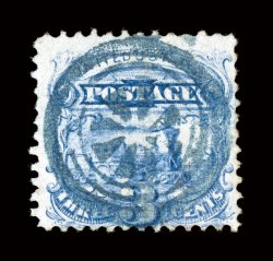 114, 3c Ultramarine, used example with an exceptional blue socked-on-the-nose fancy geometric cancel Skinner-Eno (GE-C 39), very fine strike of this rare
cancel.