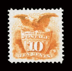 116, 10c Yellowish Orange, an extraordinarily choice mint single that is remarkably well centered within lavishly large margins, deep rich color that the PSE certificate notes
is the yellowish orange shade, full and fresh o.g., lightly hinged, e