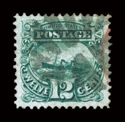 117, 12c Green, an outstanding used single that is precisely centered within lavishly large margins, deep luxuriant color and a highly detailed impression, circle of Vs cancel
as well as a small part of a red transit at right, an extremely fin