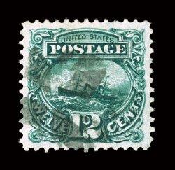 117, 12c Green, gem used example, being marvelously well centered amid exceedingly large margins, deep rich color and a prooflike impression, light cork cancel, extremely fine
2004 PF certificate and a 2005 PSE certificate (XF-Superb 95 SMQ $2