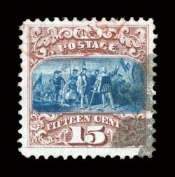 118, 15c Brown and blue, Ty. I, well centered within unusually large margins, rich colors, partial black fancy and red transit cancels, choice very fine 2005 PSE
certificate.