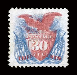 121, 30c Blue and carmine, an especially handsome and desirable example of this very scarce mint stamp, being exceedingly well centered within lavishly large margins all
around, brilliantly rich colors on fresh paper, full original gum that has