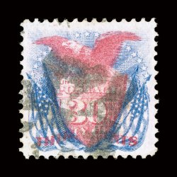 121, 30c Blue and carmine, well centered and margined, fresh colors, circle of Vs cancel, extremely fine a lovely used Thirty Cent 1869 Pictorial 1984 PF
certificate.