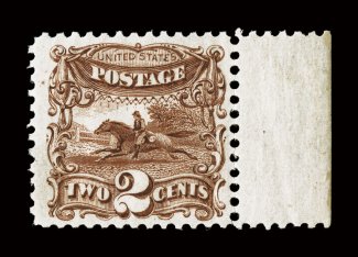 124, 2c Brown re-issue, an exceptionally fresh and handsome right sheet-margin mint single, deep luxuriant color and a well incised impression on particularly crisp paper,
fairly well centered, full o.g., lightly hinged, nearly very fine 2008 P
