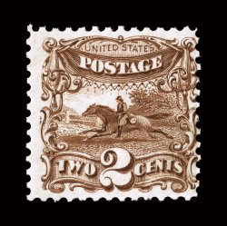 124, 2c Brown re-issue, brilliant post office fresh mint single, prooflike color and impression on immaculate paper, centered just into perfs. at right, full o.g., never
hinged, nearly fine 2008 PSE certificate for a block of four, this b