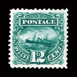 128, 12c Green re-issue, an especially desirable mint single, incredibly well centered amid lavishly large margins, fabulous prooflike color and impression on incredibly
bright crisp paper, full clean o.g. that has been lightly hinged, an extrem