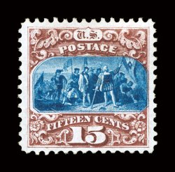 129, 15c Brown and blue re-issue, Ty. III, unused, strong colors, uncommonly well centered within large margins, tiny filled thin spot, very fine appearance only 1,981 sold
clear 1983 PF certificate and a 2008 PF certificate.