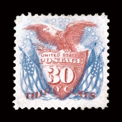 131, 30c Blue and carmine re-issue, exceptionally well centered within very large margins, bright fresh colors, full o.g., certificate mentions a faint toning spot at top left
which is barely perceptible, otherwise extremely fine only 1,535 sol