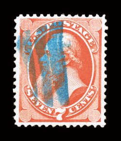 138, 7c Vermilion with grill, handsome used example with a striking blue cancel, well centered surrounded by even perforations, vivid deep color, complete and easily seen
grill impression, a very fine and choice used example 1993 PF certificate