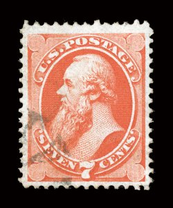 138 var., 7c Vermilion with quadruple split grill, a premium used example of this elusive variety, which shows impressions of grills in all four corners, well centered within
large margins, rich vibrant color and a deeply etched impression, ligh