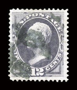 140, 12c Dull violet with grill, used, well centered within exceptionally large margins which are most uncharacteristic of this value, rich color and a clean impression, a
couple faint creases, otherwise very fine 1990 PF certificate.