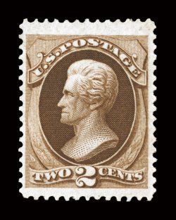 157, 2c Brown, nicely centered within particularly large margins, deeply rich color and an excellent clarity of impression, full o.g., lightly hinged, very fine 1997 PSE
certificate and a 2000 PF certificate.