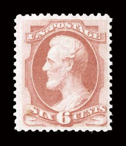 159, 6c Dull pink, post office fresh mint single, with lovely rich color on crisp paper, well centered within large margins, full clean o.g., never hinged, very fine certified
never hinged examples of this stamp are exceedingly rare 2008