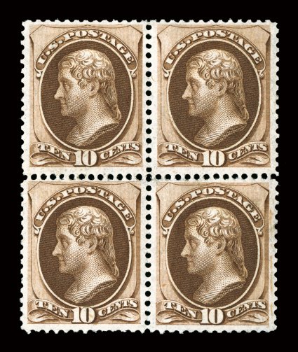 161, 10c Brown, mint block of four, nicely centered, deeply rich color and a highly detailed impression, full o.g., relatively lightly hinged, accompanying certificate
mentions tiny tear at right of the of the top right stamp, which is not only