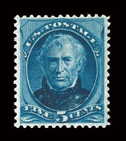 185, 5c Blue, fresh mint single, with deep luxuriant color and an intense impression, nicely centered and margined, o.g., faintly hinged, very fine 1984 and 2000 PF
certificates.