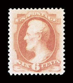 186, 6c Pink, a true post office fresh mint example of this difficult stamp, possessing a wonderful overall freshness and brilliance few others enjoy, plus it is uncommonly
well centered with particularly wide margins, pristine o.g., never h