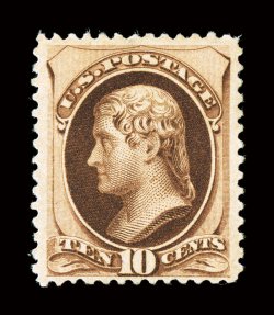 188, 10c Brown, with secret mark, scarce mint example, showing just a tiny trace of a secret mark, deeply rich color and an especially intense impression, well centered within
uncharacteristically large margins, o.g., lightly hinged, very fine