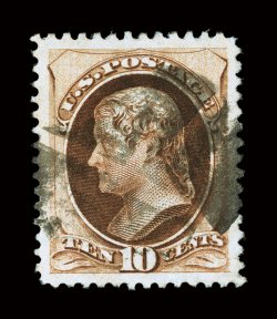 188, 10c Brown, with secret mark, gem used single, being remarkably well centered within extraordinarily large margins all around, strong rich color, segmented cork cancel,
extremely fine 2008 PF certificate.