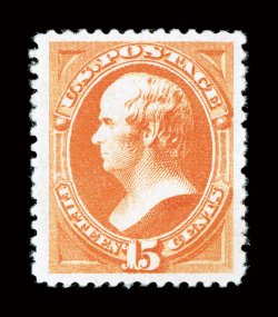 189, 15c Red orange, exceptionally well centered within unusually large margins, rich bright color, o.g., lightly hinged, extremely fine 2005 PF certificate and a 2008 PSE
certificate (VF-XF 85 Jumbo) SMQ $520.00 for 85 and $770.00 for 90).