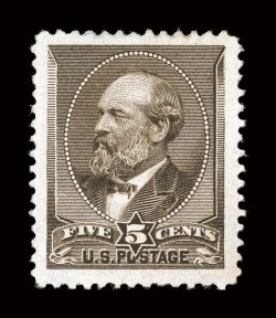 205, 5c Yellow brown, jumbo mint single possessing huge margins all around and being exceedingly well centered within them, strong rich color and a crisp impression, o.g.,
lightly hinged, extremely fine a striking stamp 2006 PSE certificate.