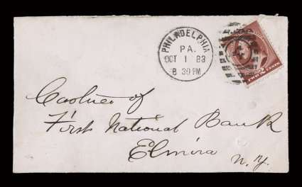 210, 2c Red brown, on small cover addressed to Cashier of First National Bank, Elmira, N.Y., stamp tied by Philadelphia October 1, 1883, first day duplex cancel, stamp has
deep shade and natural straight edge, cover is neat and clean, just
