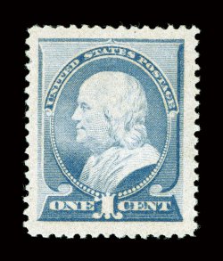 212, 1c Ultramarine, an exciting mint example possessing truly eye-catching qualities, including near perfect centering amid enormously large margins, wonderfully fresh,
pristine o.g., never hinged, extremely fine a striking gem with margins of