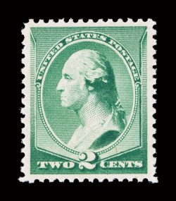 213, 2c Green, a most impressive mint single, excellent centering within large margins, sumptuously rich color and a crisp impression, pristine o.g., never hinged, extremely
fine and choice 2008 PSE certificate (XF-Superb 95 SMQ $1,350.00)