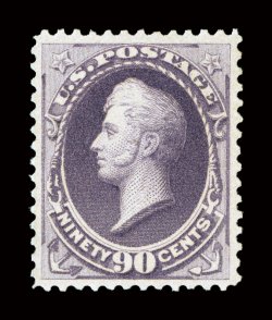 218, 90c Purple, an especially desirable post office fresh mint single, with brilliantly rich color and a well defined impression, exceptionally well centered and margined,
unblemished o.g., never hinged, extremely fine one of the very few