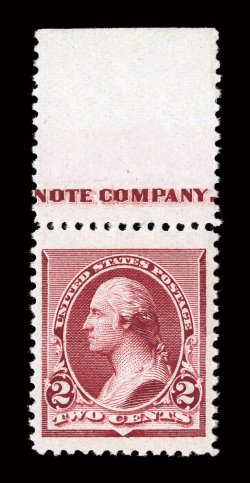 219D, 2c Lake, top sheet-margin partial imprint single, exceedingly well centered within incredibly tall margins, which are rarely seen on this stamp, fresh color, o.g., n.h.,
extremely fine 1998 PF certificate for a pair, this being the left