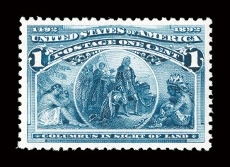 230, 1c Columbian, a magnificent mint single that is not only precisely centered within large balanced margins, but is also features and outstanding overall freshness and
brilliance, with rich luxuriant color on immaculate white paper, flawless