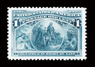 230, 1c Columbian, jumbo mint single, beautifully centered within lavish margins, bright color and crisp impression on brilliant white paper, flawless o.g., never hinged,
extremely fine gem 1988 PF certificate.