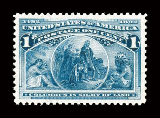 230, 1c Columbian, marvelously well centered within impressively large margins, rich color and a crisp impression, immaculate o.g., n.h., an extremely fine gem 1997 PF
certificate.