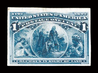 230 var., 1c Columbian, imperforate, mint single, large margins all around, deep prooflike color and impression, o.g., h.r., very fine an enormously rare imperforate
Columbian, which are almost never seen in the marketplace 1952 APS certificat