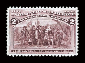 231 var., 2c Columbian, broken hat variety, a highly select mint example of this popular variety, being exceedingly well centered amid uncharacteristically large margins,
lovely rich color, o.g., n.h., extremely fine 2008 PSE certificate (XF-