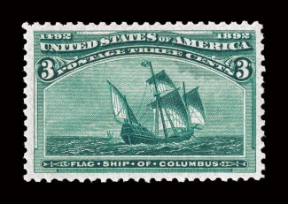 232, 3c Columbian, premium quality mint example, extraordinarily well centered within large margins, deep luxuriant color and a crisp impression, unblemished o.g., n.h.,
extremely fine gem 2007 PSE certificate (XF-Superb 95 SMQ $1,350.00).