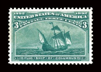232, 3c Columbian, especially well centered within uncommonly large margins, deep intense color and a superbly detailed impression, pristine o.g., n.h., an extremely fine gem
2008 PSE certificate (XF-Superb 95 SMQ $1,350.00).